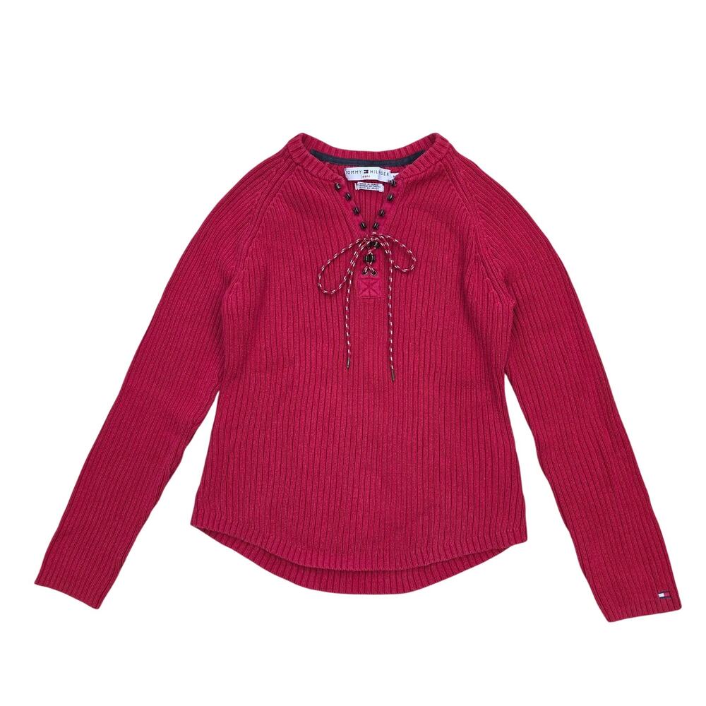 Vintage Tommy Hilfiger Jeans Sweater Womens M Red Lace Up Ribbed Y2K 2000s